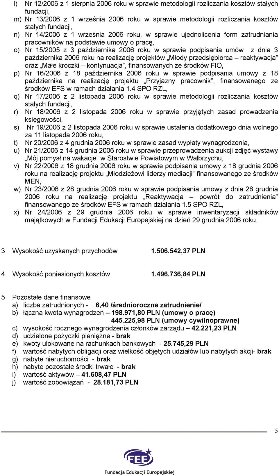 roku na realizację projektów Młody przedsiębiorca reaktywacja oraz Małe kroczki kontynuacja, finansowanych ze środków FIO, p) Nr 16/2006 z 18 października 2006 roku w sprawie podpisania umowy z 18