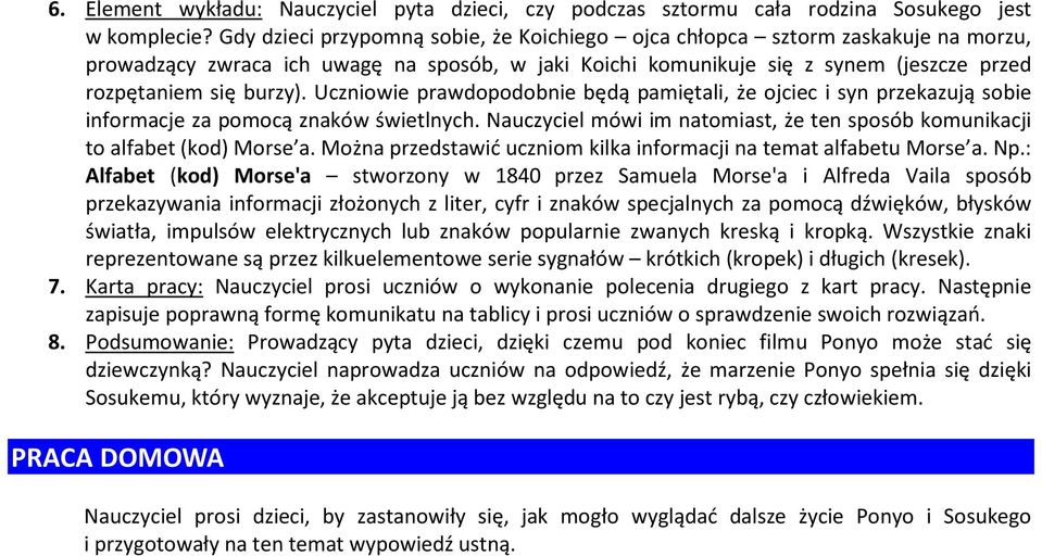 Uczniowie prawdopodobnie będą pamiętali, że ojciec i syn przekazują sobie informacje za pomocą znaków świetlnych. Nauczyciel mówi im natomiast, że ten sposób komunikacji to alfabet (kod) Morse a.