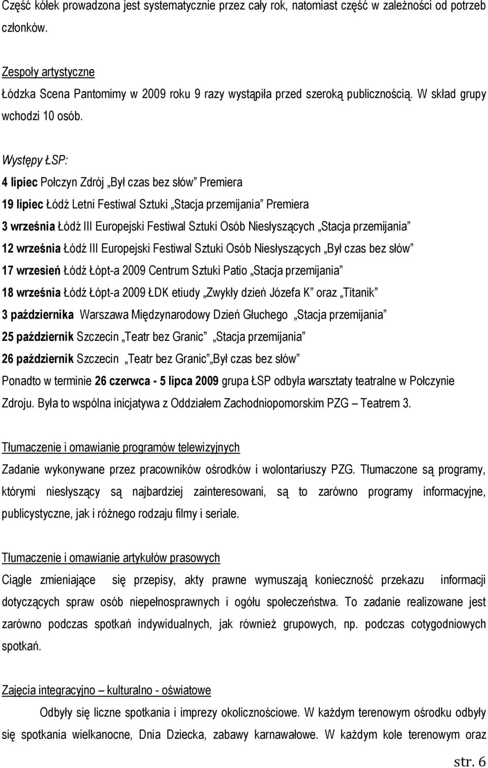Występy ŁSP: 4 lipiec Połczyn Zdrój Był czas bez słów Premiera 19 lipiec Łódź Letni Festiwal Sztuki Stacja przemijania Premiera 3 września Łódź III Europejski Festiwal Sztuki Osób Niesłyszących