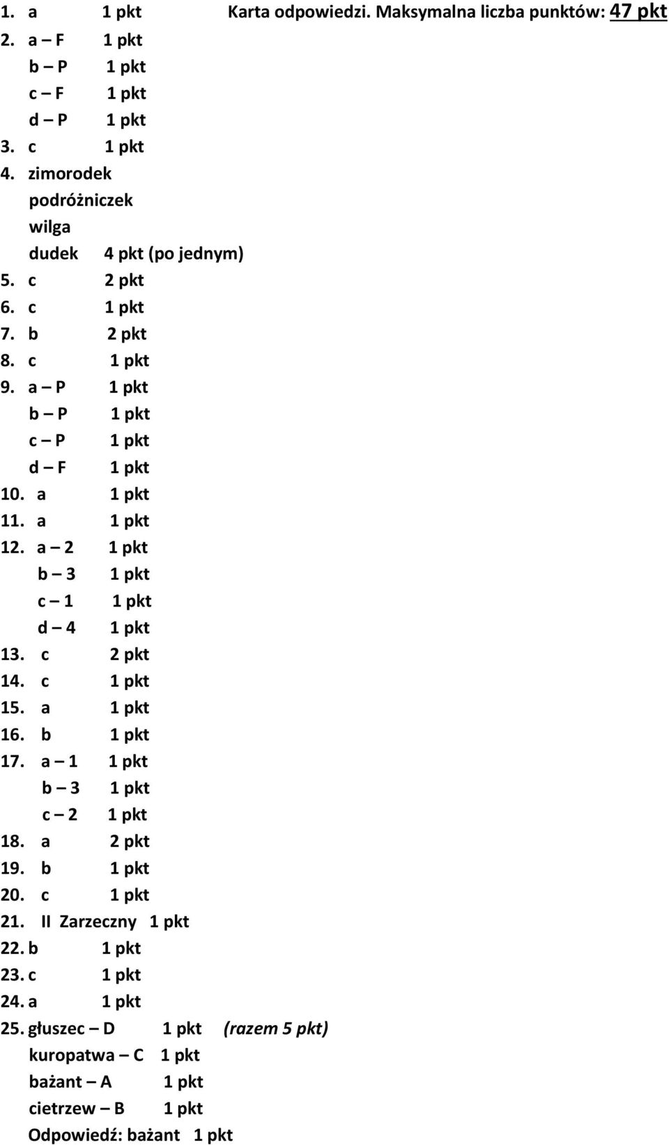 a 1 pkt 11. a 1 pkt 12. a 2 1 pkt b 3 1 pkt c 1 1 pkt d 4 1 pkt 13. c 2 pkt 14. c 1 pkt 15. a 1 pkt 16. b 1 pkt 17. a 1 1 pkt b 3 1 pkt c 2 1 pkt 18.
