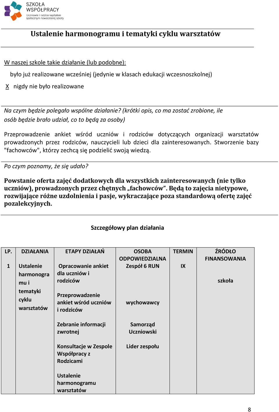 (krótki opis, co ma zostać zrobione, ile osób będzie brało udział, co to będą za osoby) Przeprowadzenie ankiet wśród uczniów i rodziców dotyczących organizacji warsztatów prowadzonych przez rodziców,