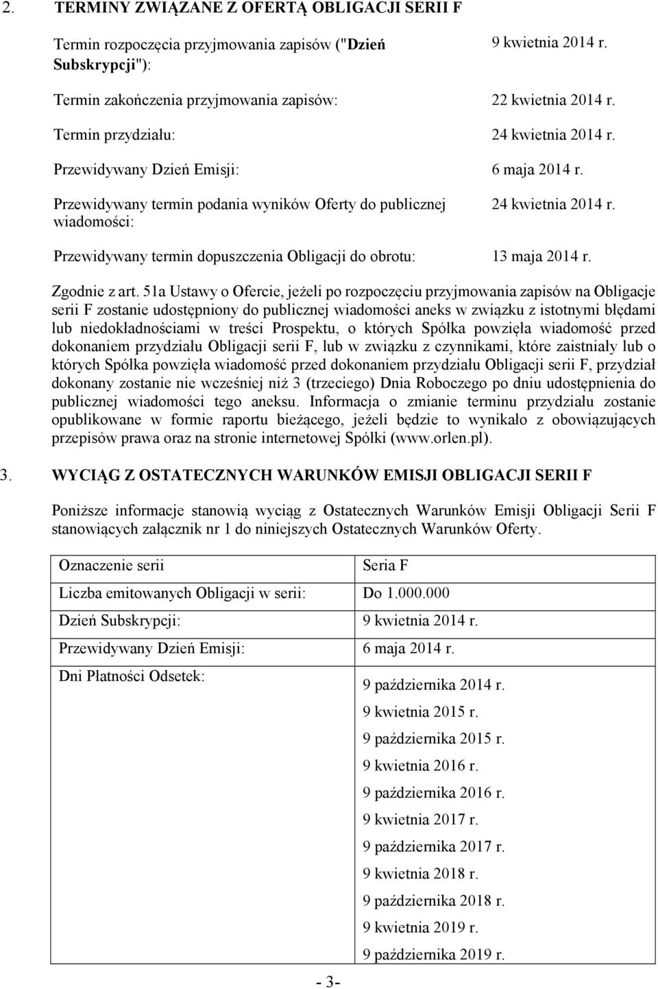 Przewidywany termin dopuszczenia Obligacji do obrotu: 13 maja 2014 r. Zgodnie z art.