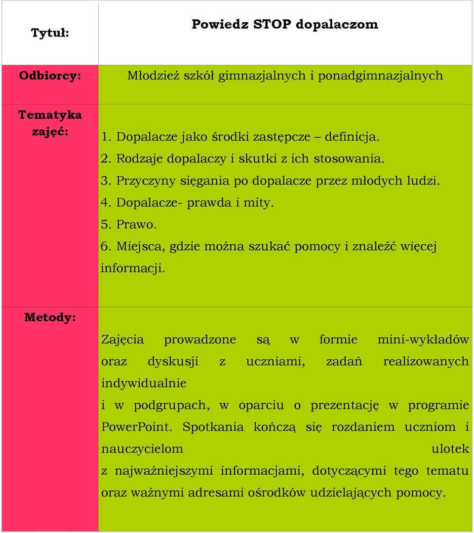 Zajęcia prowadzone są w formie mini-wykładów oraz dyskusji z uczniami, zadań realizowanych indywidualnie i w podgrupach, w oparciu o prezentację w programie