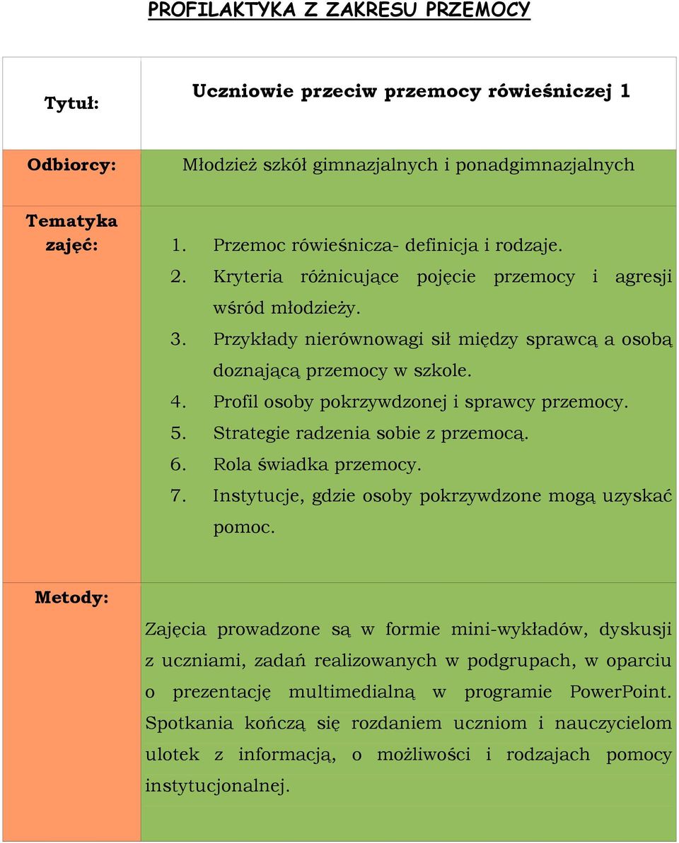 5. Strategie radzenia sobie z przemocą. 6. Rola świadka przemocy. 7. Instytucje, gdzie osoby pokrzywdzone mogą uzyskać pomoc.