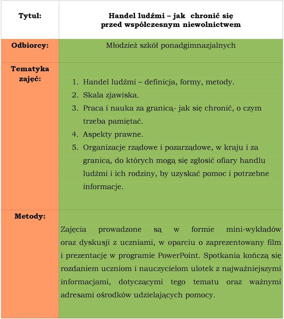 Organizacje rządowe i pozarządowe, w kraju i za granicą, do których mogą się zgłosić ofiary handlu ludźmi i ich rodziny, by uzyskać pomoc i potrzebne informacje.