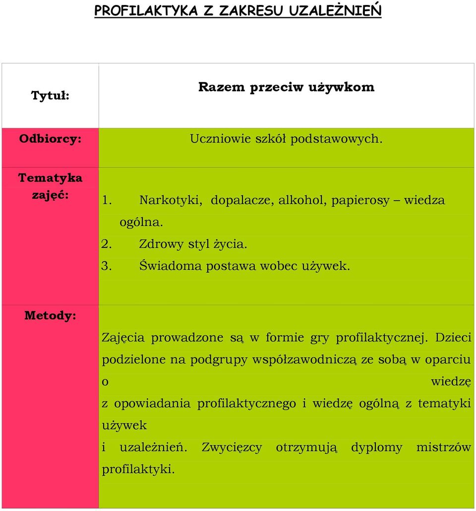 Zajęcia prowadzone są w formie gry profilaktycznej.