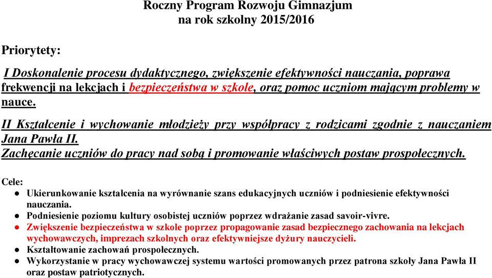 Zachęcanie uczniów do pracy nad sobą i promowanie właściwych postaw prospołecznych. Cele: Ukierunkowanie kształcenia na wyrównanie szans edukacyjnych uczniów i podniesienie efektywności nauczania.