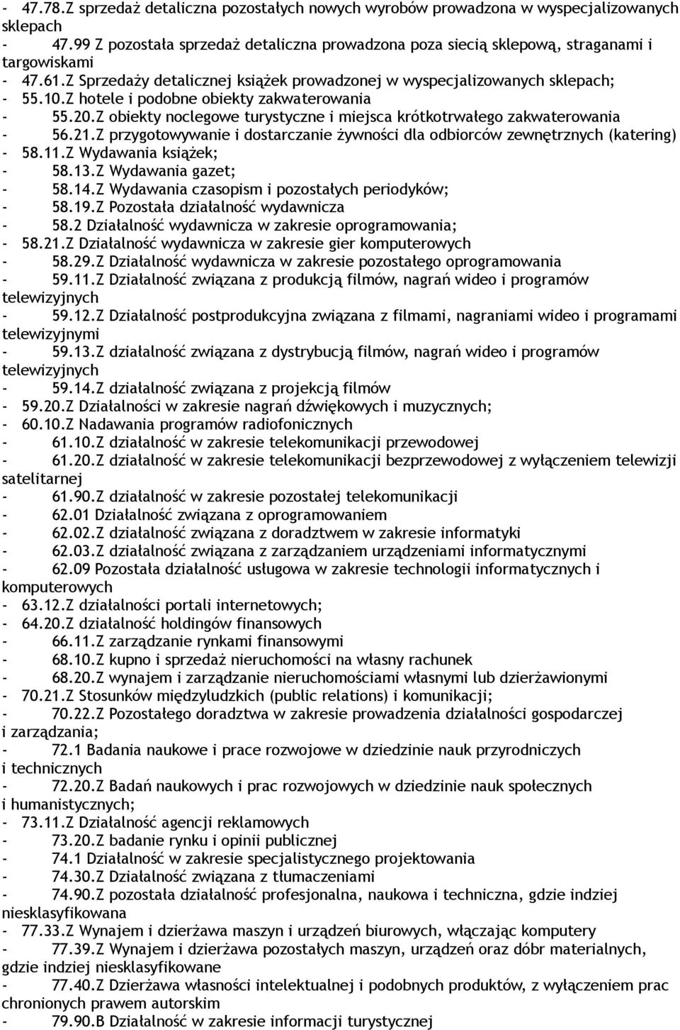 Z hotele i podobne obiekty zakwaterowania - 55.20.Z obiekty noclegowe turystyczne i miejsca krótkotrwałego zakwaterowania - 56.21.