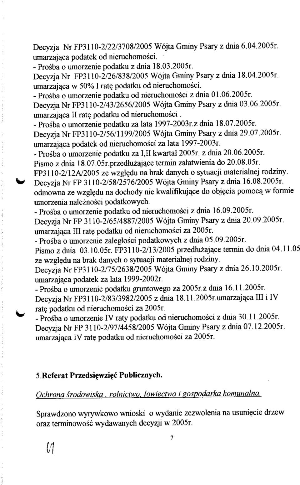 podatku od nieruchomosci. - Prosba o umorzenie podatku za lata 1997-2003r.z dnia 18.07.2005r. Decyzja Nr FP3110-2/56/1199/2005 Wojta Gminy Psary z dnia 29.07.2005r. umarzajaca podatek od nieruchomosci za lata 1997-2003r.