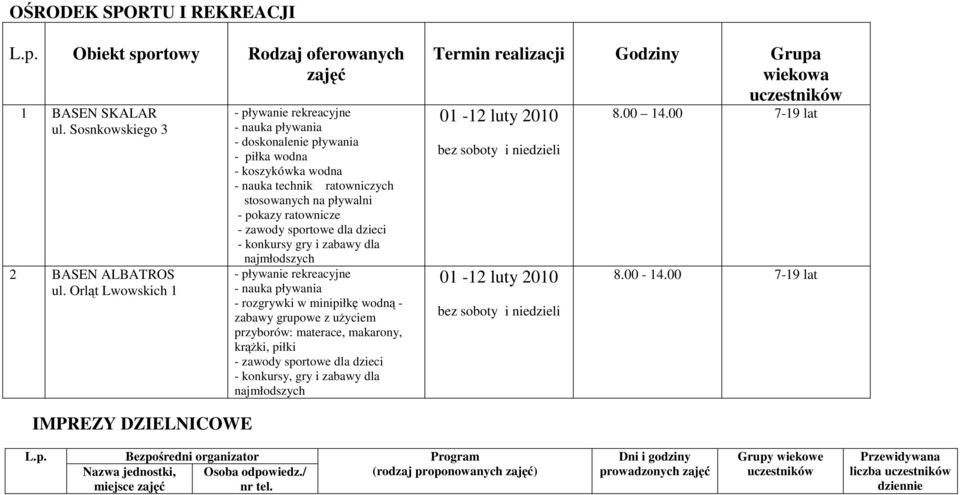 pokazy ratownicze - zawody sportowe dla dzieci - konkursy gry i zabawy dla najmłodszych - pływanie rekreacyjne - nauka pływania - rozgrywki w minipiłkę wodną - zabawy grupowe z uŝyciem przyborów: