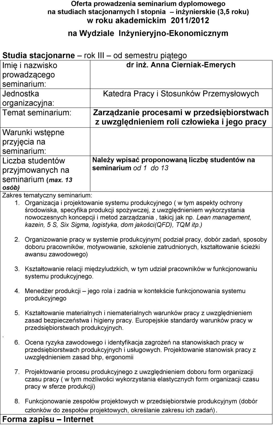 na seminarium od 1 do 13 Zakres tematyczny 1.