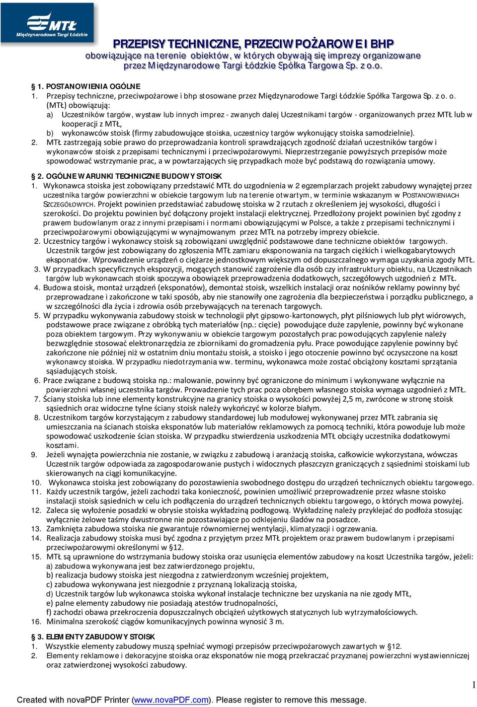Przepisy techniczne, przeciwpożarowe i bhp stosowane przez Międzynarodowe Targi Łódzkie Spółka Targowa Sp. z o.