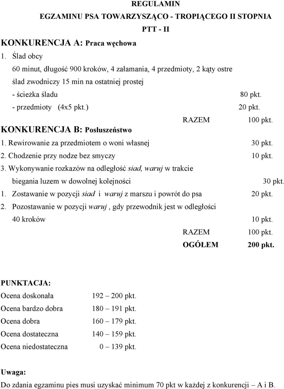 KONKURENCJA B: Posłuszeństwo 1. Rewirowanie za przedmiotem o woni własnej 30 pkt. 2. Chodzenie przy nodze bez smyczy 10 pkt. 3. Wykonywanie rozkazów na odległość siad, waruj w trakcie biegania luzem w dowolnej kolejności 30 pkt.