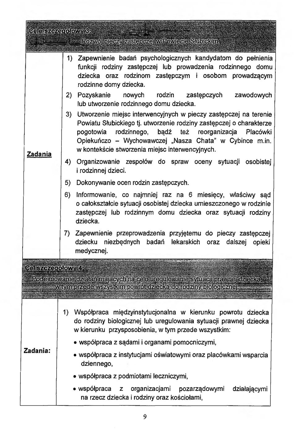 utworzenie rodziny zastępczej o charakterze pogotowia rodzinnego, bądź też reorganizacja Placówki Opiekuńczo - Wychowawczej Nasza Chata w Cybince m.in. w kontekście stworzenia miejsc interwencyjnych.