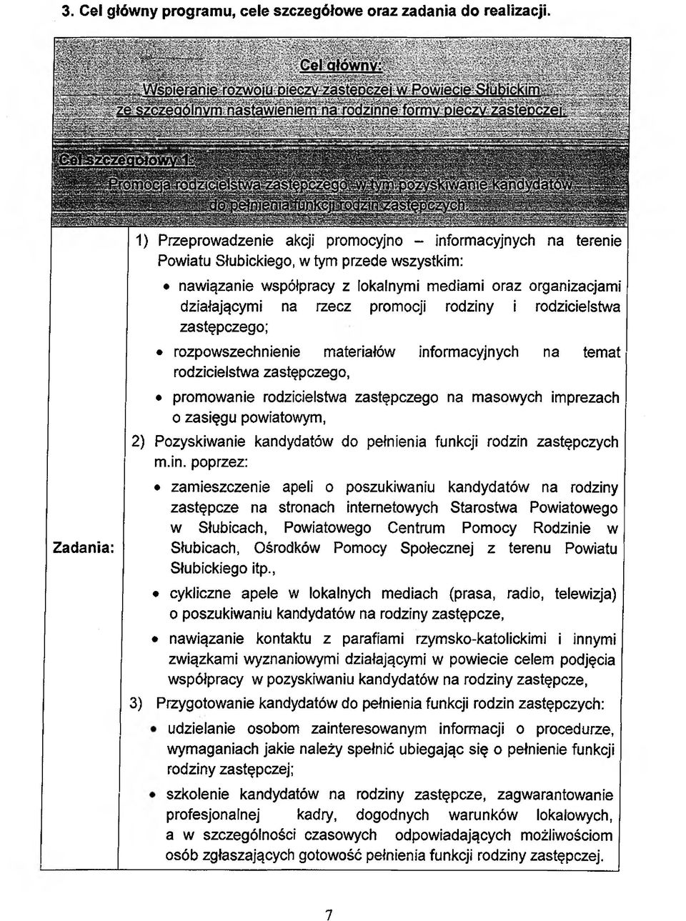 rzecz promocji rodziny i rodzicielstwa zastępczego; rozpowszechnienie materiałów informacyjnych na temat rodzicielstwa zastępczego, promowanie rodzicielstwa zastępczego na masowych imprezach o
