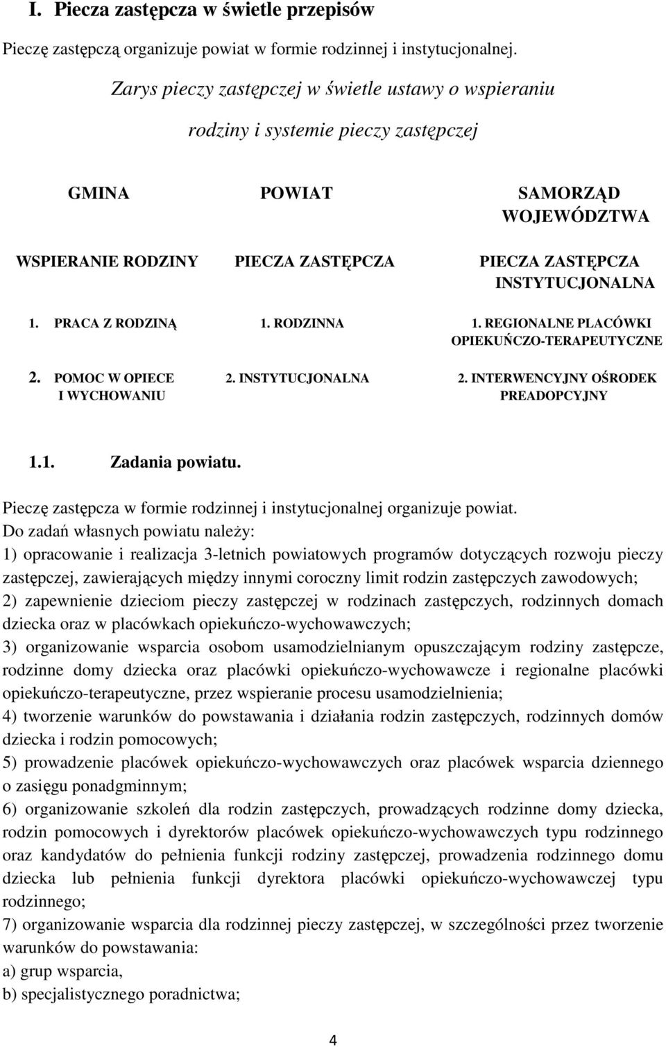 PRACA Z RODZINĄ 1. RODZINNA 1. REGIONALNE PLACÓWKI OPIEKUŃCZO-TERAPEUTYCZNE 2. POMOC W OPIECE 2. INSTYTUCJONALNA 2. INTERWENCYJNY OŚRODEK I WYCHOWANIU PREADOPCYJNY 1.1. Zadania powiatu.