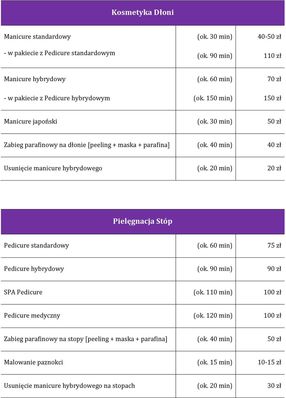 40 min) 40 zł Usunięcie manicure hybrydowego (ok. 20 min) 20 zł Pielęgnacja Stóp Pedicure standardowy (ok. 60 min) 75 zł Pedicure hybrydowy (ok.