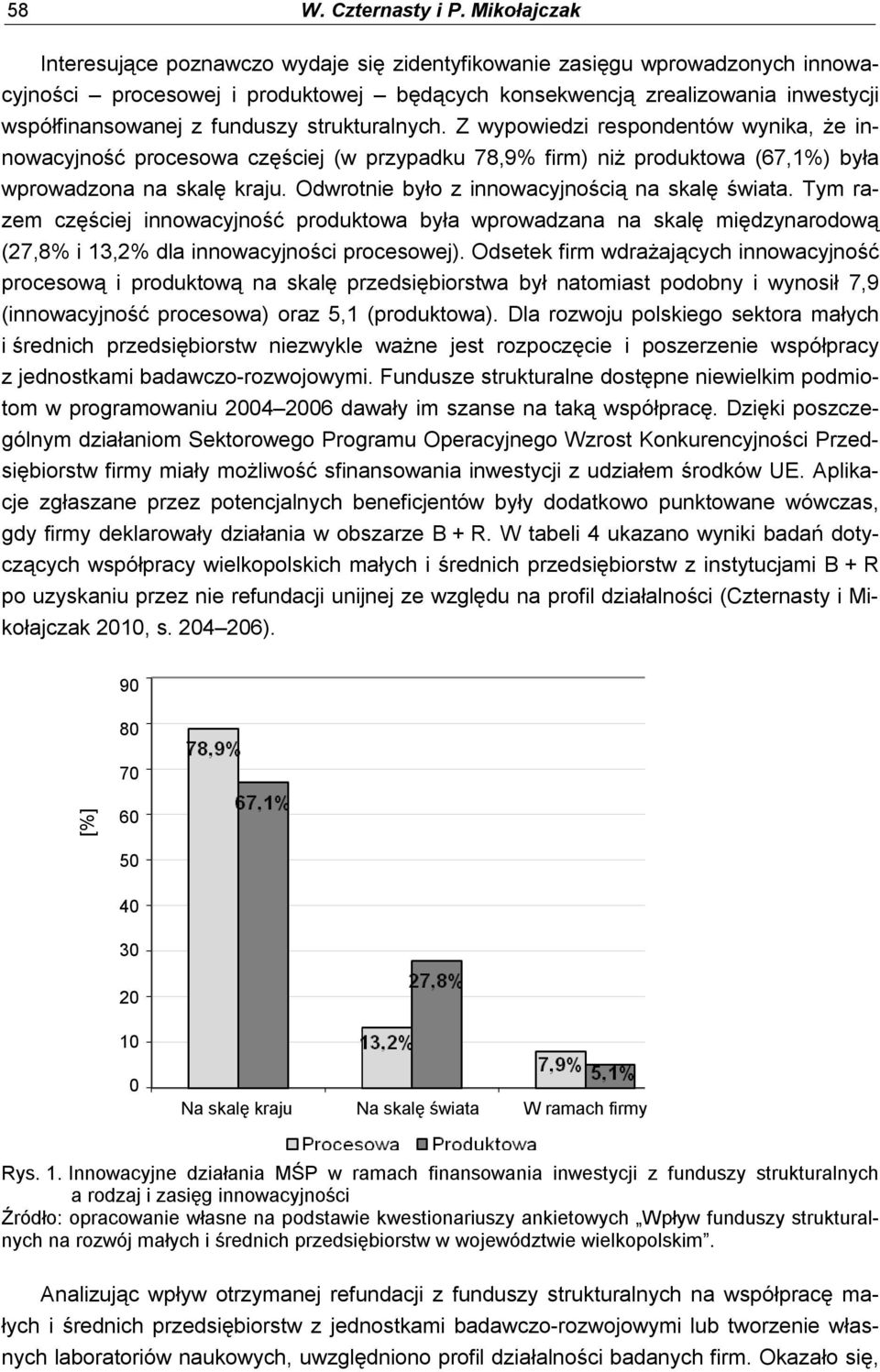 funduszy strukturalnych. Z wypowiedzi respondentów wynika, że innowacyjność procesowa częściej (w przypadku 78,9% firm) niż produktowa (67,1%) była wprowadzona na skalę kraju.