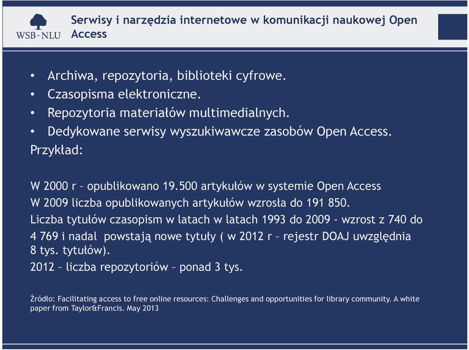 500 artykułów w systemie Open Access W 2009 liczba opublikowanych artykułów wzrosła do 191 850.