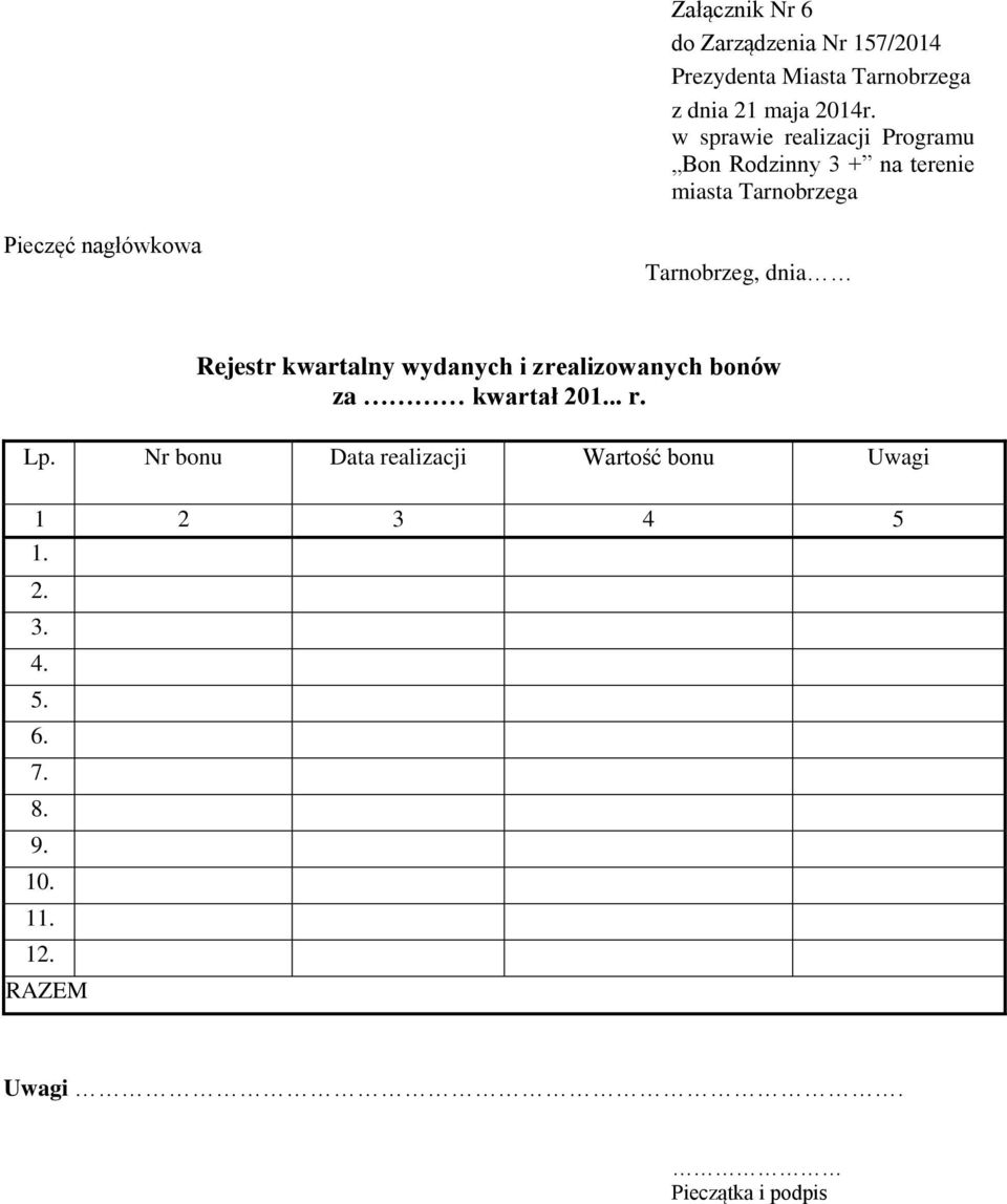 Lp. Nr bonu Data realizacji Wartość bonu Uwagi 1 2 3 4 5 1. 2. 3. 4. 5. 6.