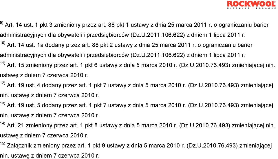 11) Art. 15 zmieniony przez art. 1 pkt 6 ustawy z dnia 5 marca 2010 r. (Dz.U.2010.76.493) zmieniającej nin. ustawę z dniem 7 czerwca 2010 r. 12) Art. 19 ust. 4 dodany przez art.