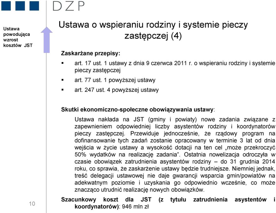 4 powyższej ustawy 10 Skutki ekonomiczno-społeczne obowiązywania ustawy: Ustawa nakłada na JST (gminy i powiaty) nowe zadania związane z zapewnieniem odpowiedniej liczby asystentów rodziny i