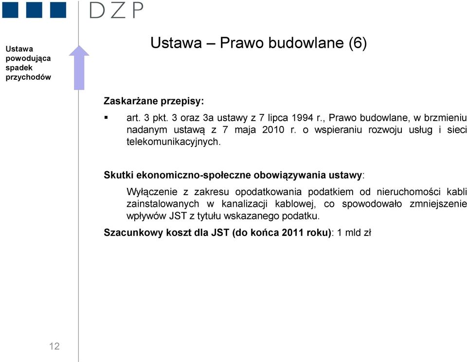 Skutki ekonomiczno-społeczne obowiązywania ustawy: Wyłączenie z zakresu opodatkowania podatkiem od nieruchomości kabli