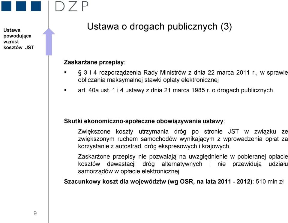Skutki ekonomiczno-społeczne obowiązywania ustawy: Zwiększone koszty utrzymania dróg po stronie JST w związku ze zwiększonym ruchem samochodów wynikającym z wprowadzenia opłat za korzystanie