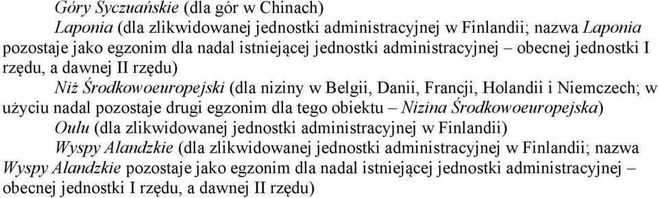 nadal pozostaje drugi egzonim dla tego obiektu Nizina Środkowoeuropejska) Oulu (dla zlikwidowanej jednostki administracyjnej w Finlandii) Wyspy Alandzkie (dla
