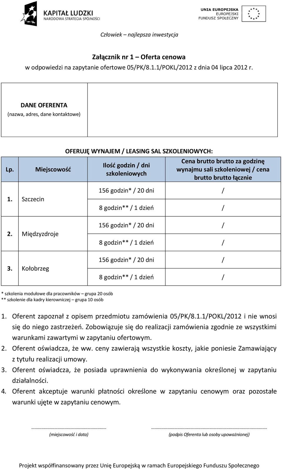 Międzyzdroje 3. Kołobrzeg * szkolenia modułowe dla pracowników grupa 20 osób ** szkolenie dla kadry kierowniczej grupa 10 osób 1. Oferent zapoznał z opisem przedmiotu zamówienia 05/PK/8.1.1/POKL/2012 i nie wnosi się do niego zastrzeżeń.