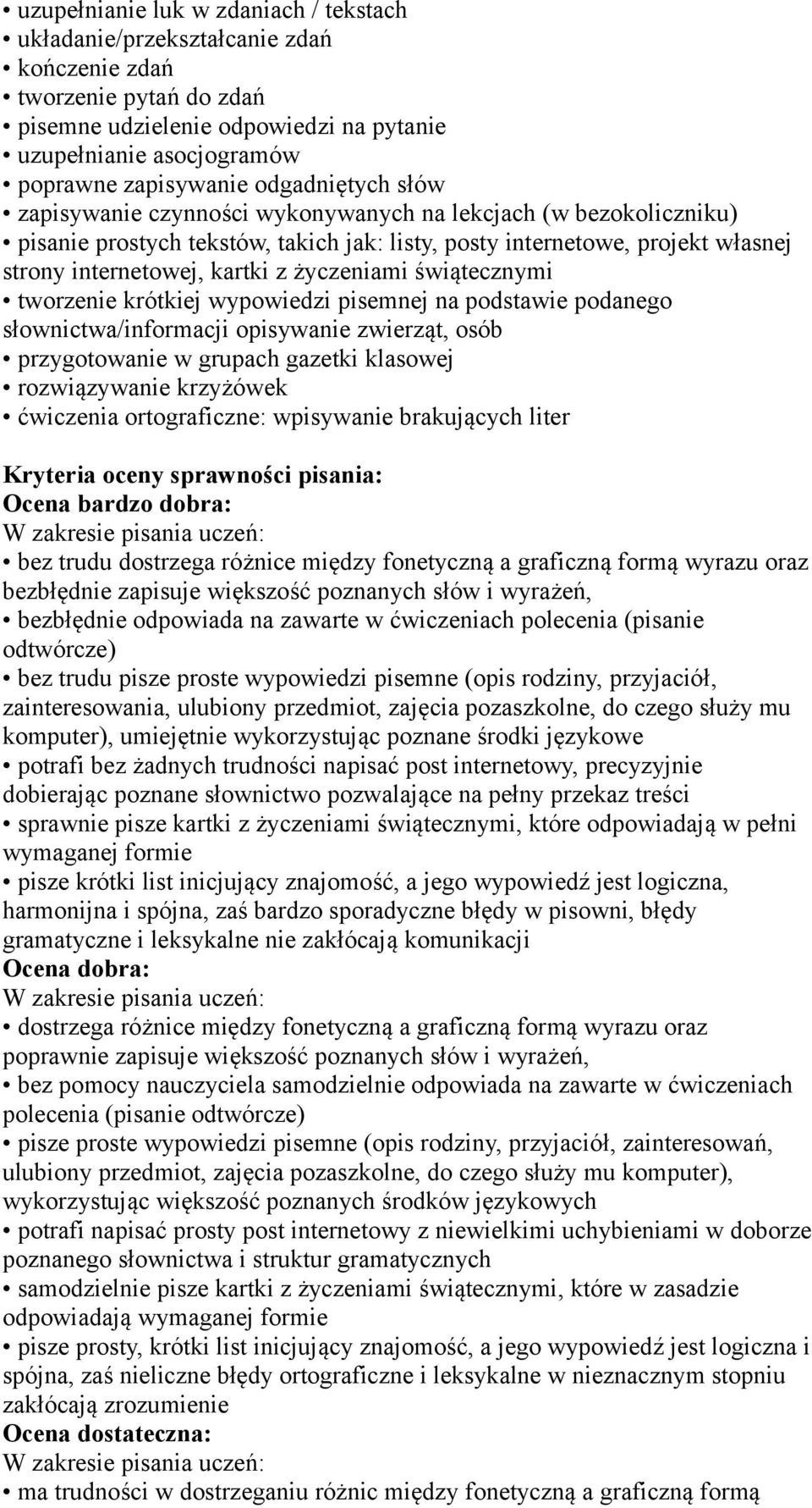 życzeniami świątecznymi tworzenie krótkiej wypowiedzi pisemnej na podstawie podanego słownictwa/informacji opisywanie zwierząt, osób przygotowanie w grupach gazetki klasowej rozwiązywanie krzyżówek