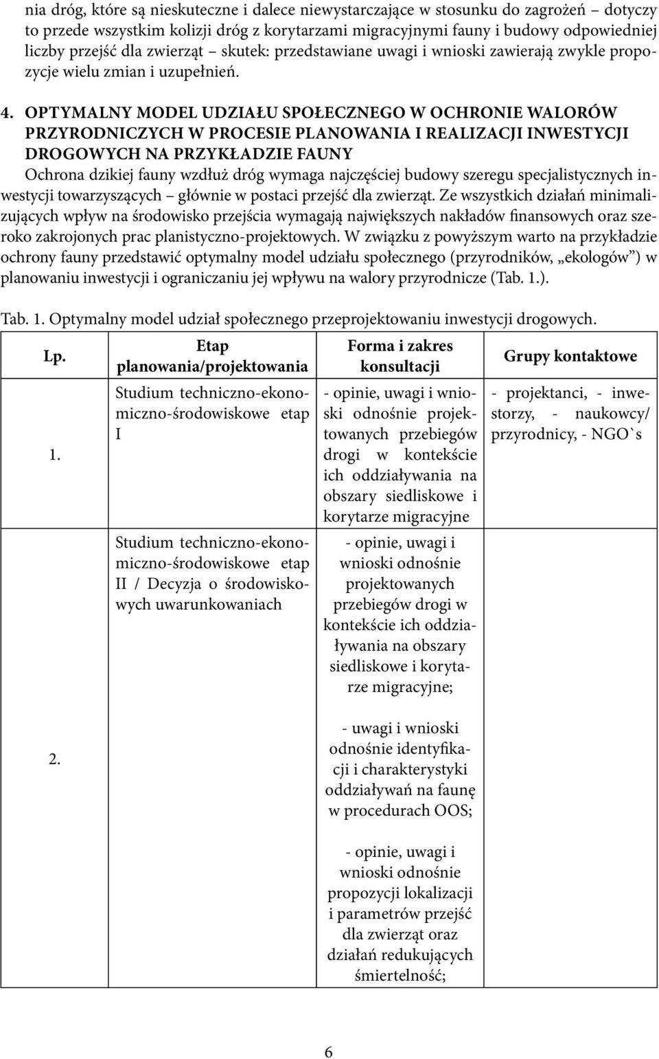 OPTYMALNY MODEL UDZIAŁU SPOŁECZNEGO W OCHRONIE WALORÓW PRZYRODNICZYCH W PROCESIE PLANOWANIA I REALIZACJI INWESTYCJI DROGOWYCH NA PRZYKŁADZIE FAUNY Ochrona dzikiej fauny wzdłuż dróg wymaga najczęściej