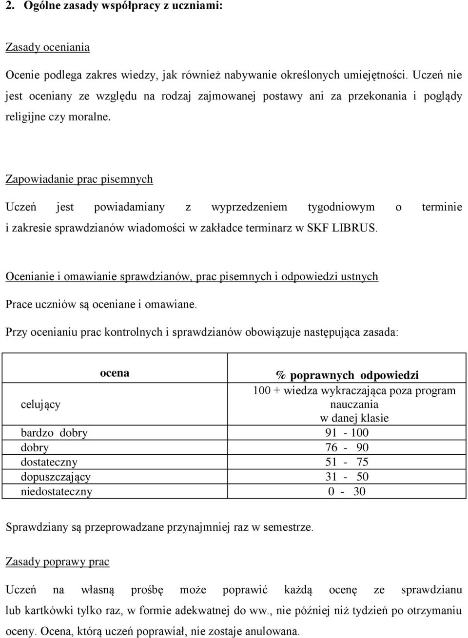 Zapowiadanie prac pisemnych Uczeń jest powiadamiany z wyprzedzeniem tygodniowym o terminie i zakresie sprawdzianów wiadomości w zakładce terminarz w SKF LIBRUS.