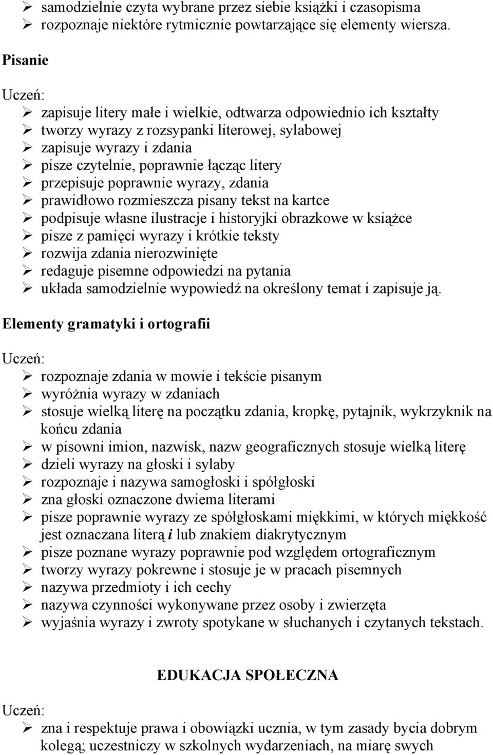poprawnie wyrazy, zdania prawidłowo rozmieszcza pisany tekst na kartce podpisuje własne ilustracje i historyjki obrazkowe w książce pisze z pamięci wyrazy i krótkie teksty rozwija zdania