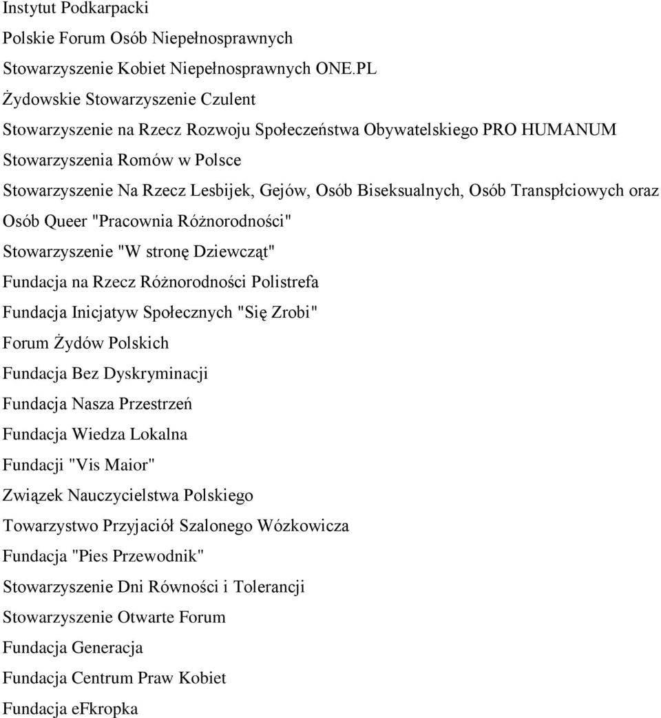 Osób Transpłciowych oraz Osób Queer "Pracownia Różnorodności" Stowarzyszenie "W stronę Dziewcząt" Fundacja na Rzecz Różnorodności Polistrefa Fundacja Inicjatyw Społecznych "Się Zrobi" Forum Żydów