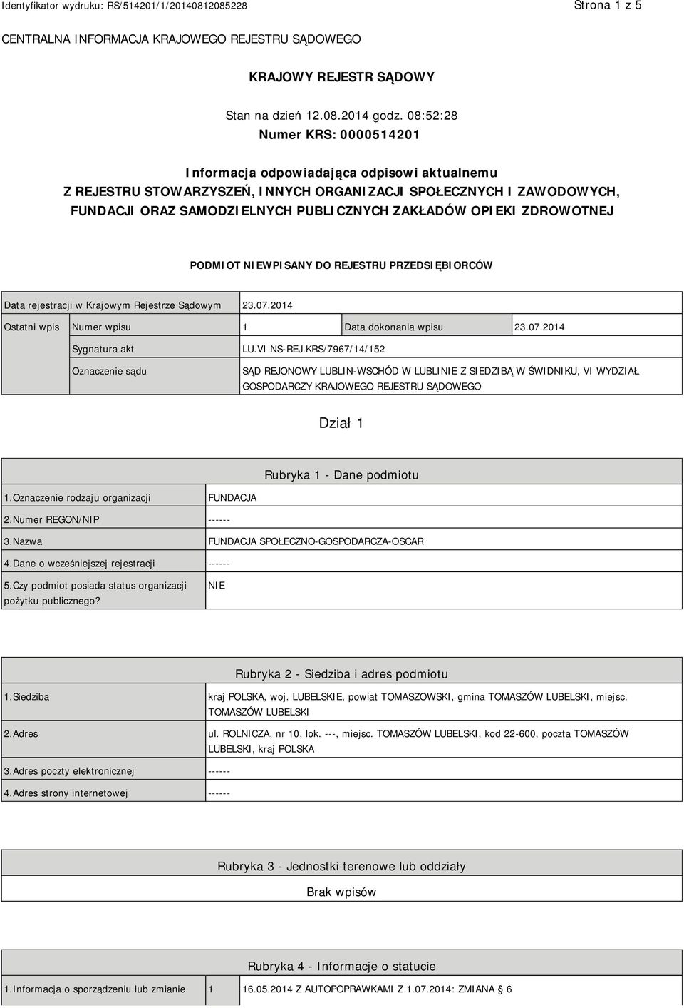 OPIEKI ZDROWOTNEJ PODMIOT NIEWPISANY DO REJESTRU PRZEDSIĘBIORCÓW Data rejestracji w Krajowym Rejestrze Sądowym 23.07.2014 Ostatni wpis Numer wpisu 1 Data dokonania wpisu 23.07.2014 Sygnatura akt Oznaczenie sądu LU.