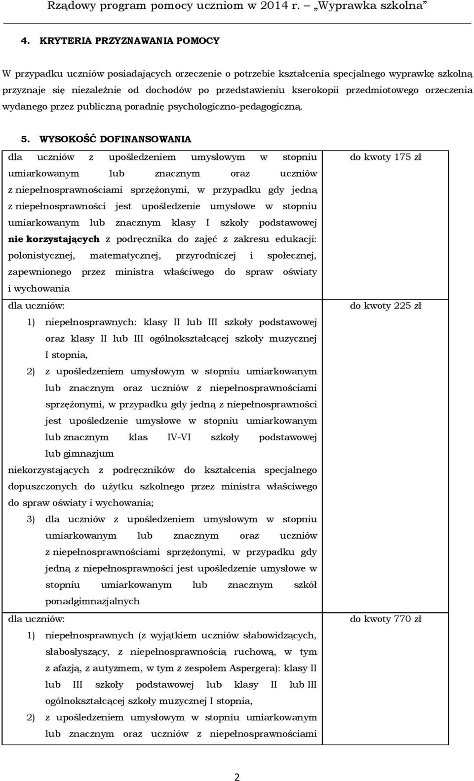 WYSOKOŚĆ DOFINANSOWANIA dla uczniów z upośledzeniem umysłowym w stopniu umiarkowanym lub znacznym oraz uczniów z niepełnosprawnościami sprzęŝonymi, w przypadku gdy jedną z niepełnosprawności jest