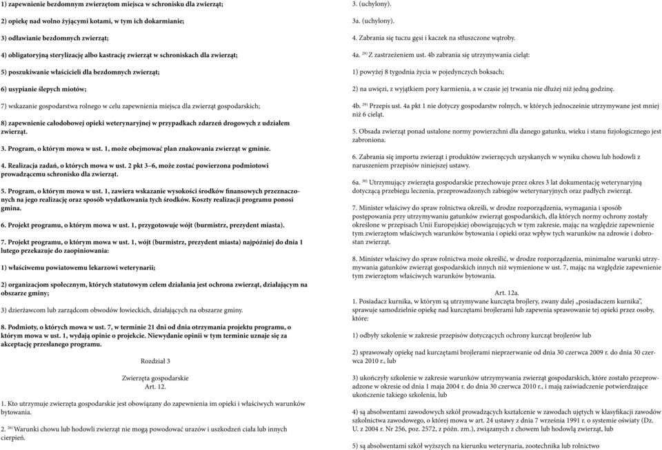 zwierząt gospodarskich; 8) zapewnienie całodobowej opieki weterynaryjnej w przypadkach zdarzeń drogowych z udziałem zwierząt. 3. Program, o którym mowa w ust.