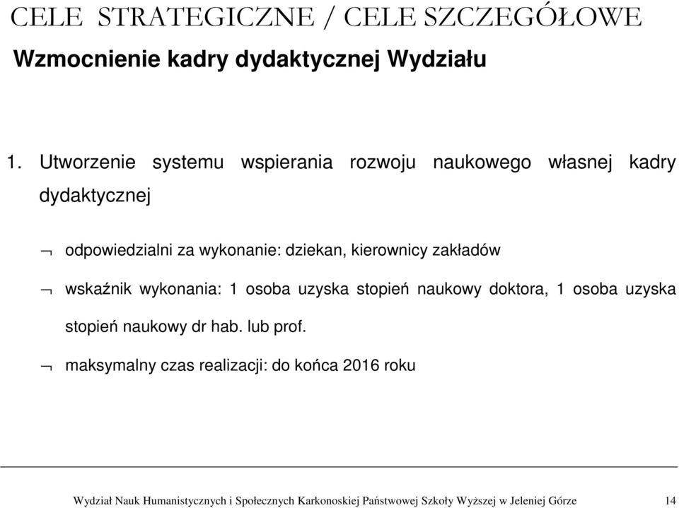 dziekan, kierownicy zakładów wskaźnik wykonania: 1 osoba uzyska stopień naukowy doktora, 1 osoba uzyska