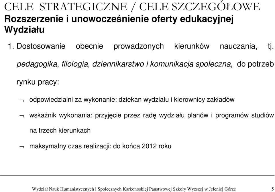 wydziału i kierownicy zakładów wskaźnik wykonania: przyjęcie przez radę wydziału planów i programów studiów na trzech kierunkach