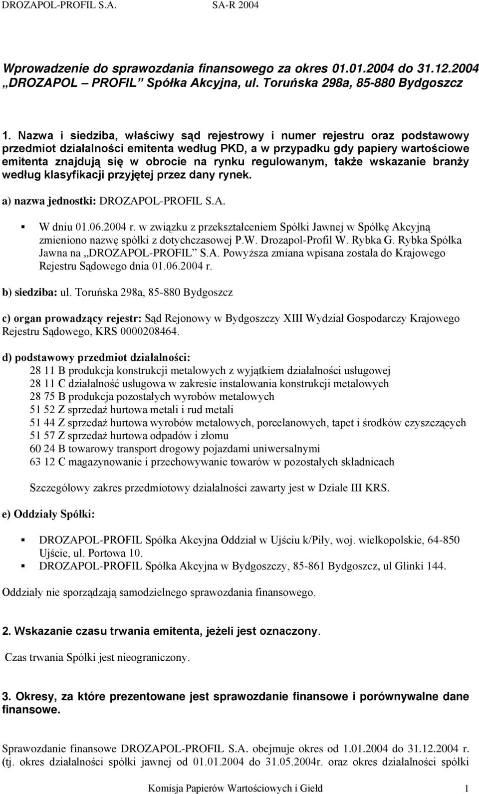 regulowanym, także wskazanie branży według klasyfikacji przyjętej przez dany rynek. a) nazwa jednostki: DROZAPOL-PROFIL S.A. W dniu 01.06.2004 r.