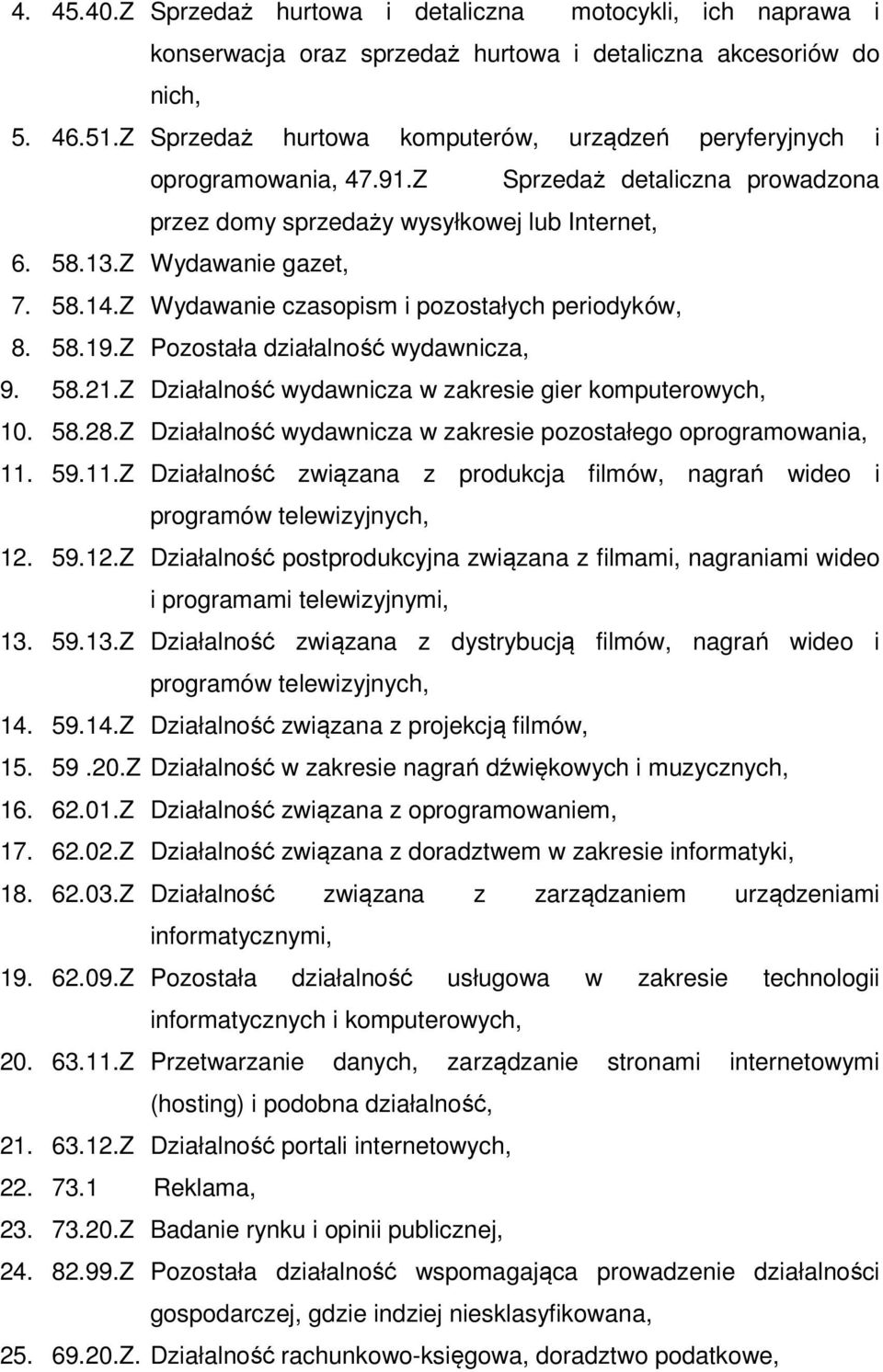 Z Wydawanie czasopism i pozostałych periodyków, 8. 58.19.Z Pozostała działalność wydawnicza, 9. 58.21.Z Działalność wydawnicza w zakresie gier komputerowych, 10. 58.28.