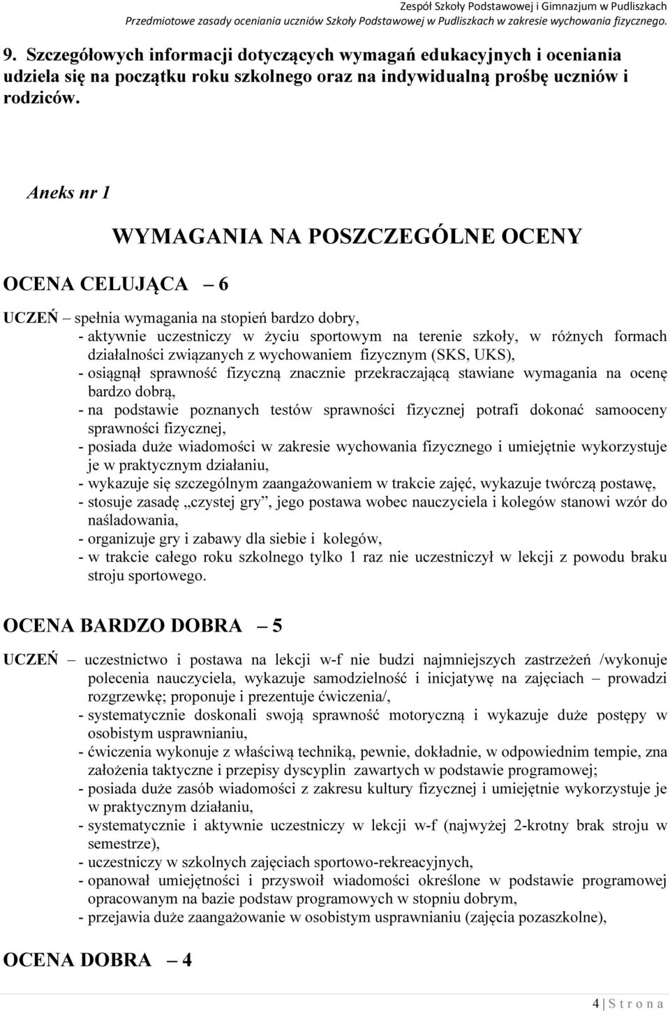 związanych z wychowaniem fizycznym (SKS, UKS), - osiągnął sprawność fizyczną znacznie przekraczającą stawiane wymagania na ocenę bardzo dobrą, - na podstawie poznanych testów sprawności fizycznej