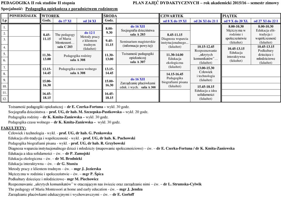 rodzny sala A 308 Tożsamość pedagogk opekuńczej sala A 307 100 czasu wolnego -15.30 sala A 308 8. 115-145 9. do 16 XII Zarządzane placówkam bografam psana 10. eduk. wych. sala A 308 15.45- a dea 11.