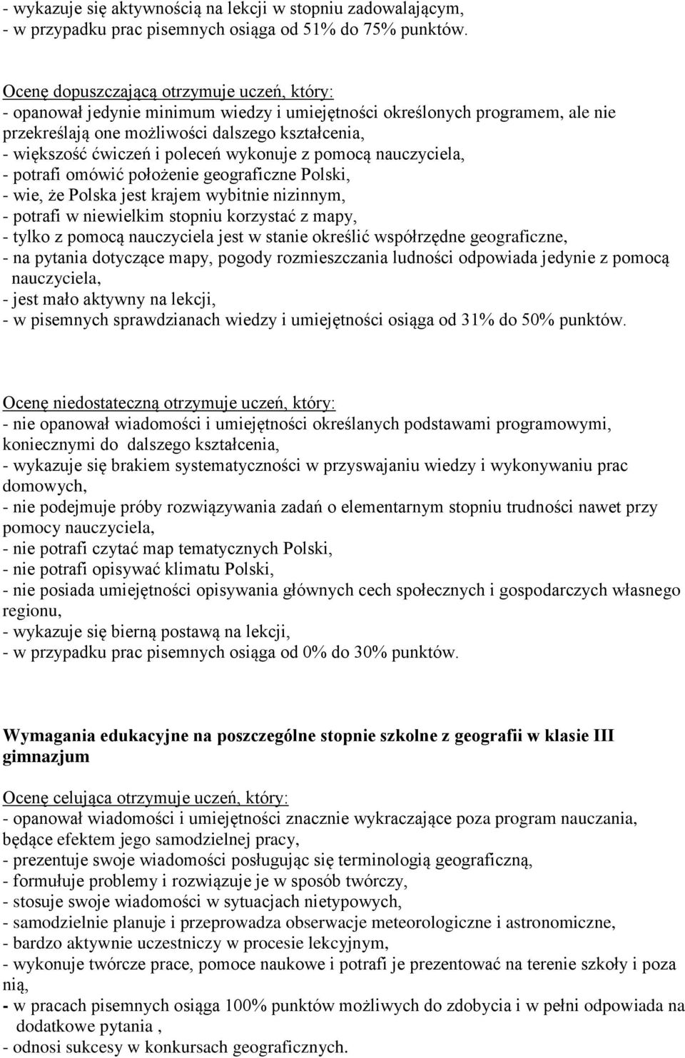 poleceń wykonuje z pomocą nauczyciela, - potrafi omówić położenie geograficzne Polski, - wie, że Polska jest krajem wybitnie nizinnym, - potrafi w niewielkim stopniu korzystać z mapy, - tylko z