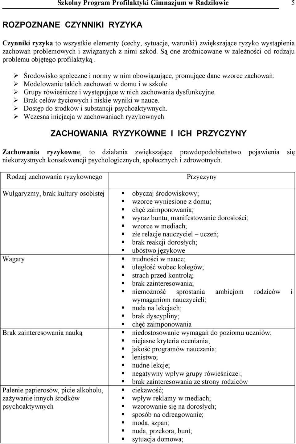 Modelowanie takich zachowań w domu i w szkole. Grupy rówieśnicze i występujące w nich zachowania dysfunkcyjne. Brak celów życiowych i niskie wyniki w nauce.