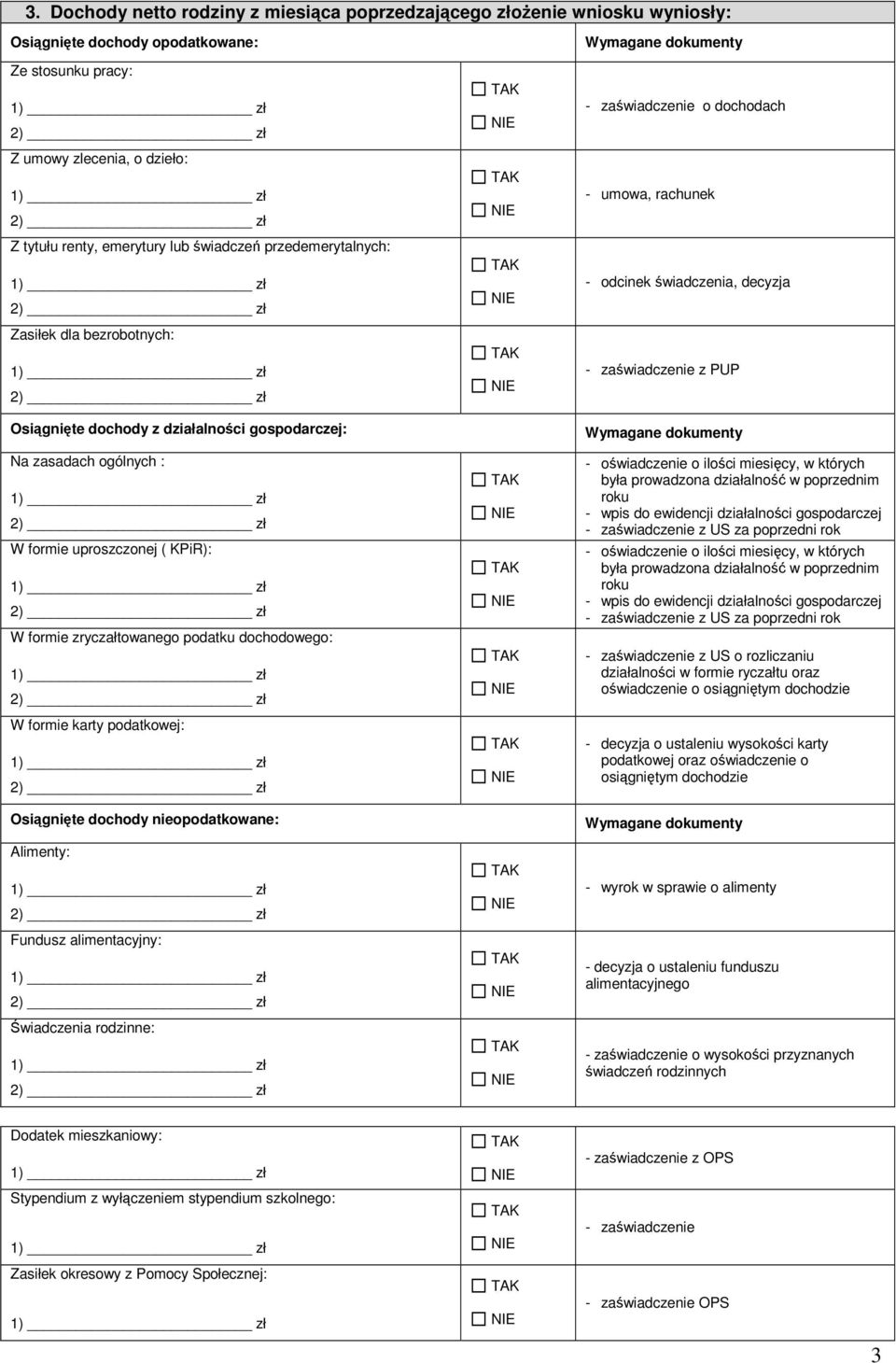 formie karty podatkowej: Osiągnięte dochody nieopodatkowane: Alimenty: Fundusz alimentacyjny: Świadczenia rodzinne: Wymagane dokumenty - zaświadczenie o dochodach - umowa, rachunek - odcinek