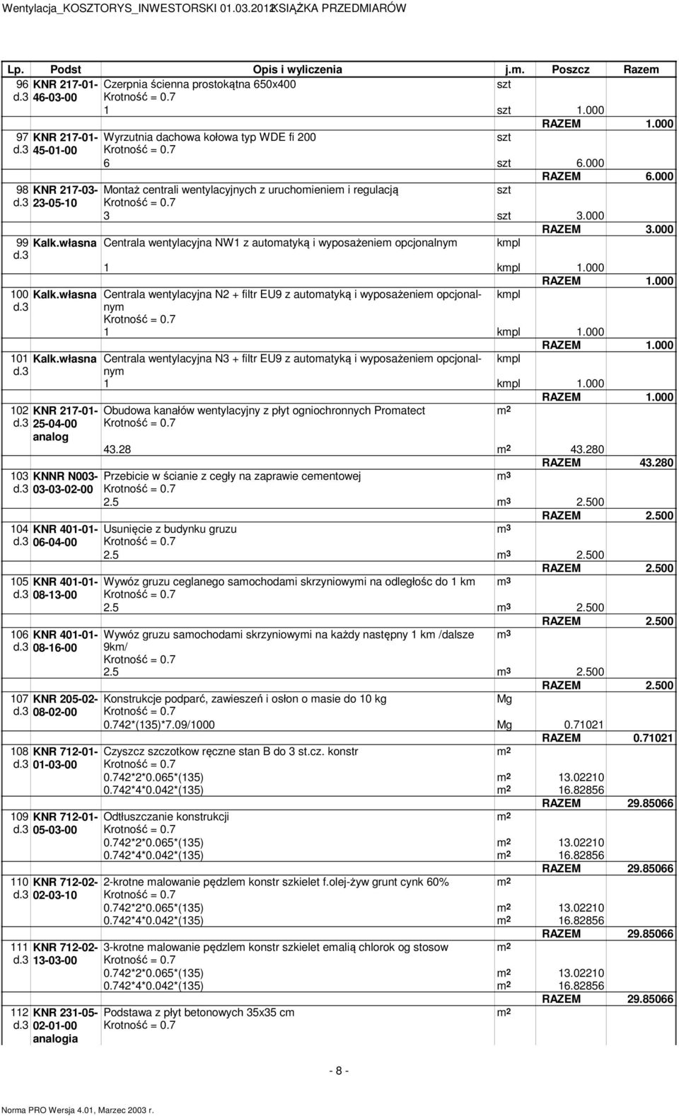 kmpl.000 RAZEM.000 00 Kalk.własna Centrala wentylacyjna N2 + filtr EU9 z automatyką i wyposażeniem opcjonalnym kmpl d. kmpl.000 RAZEM.000 0 Kalk.