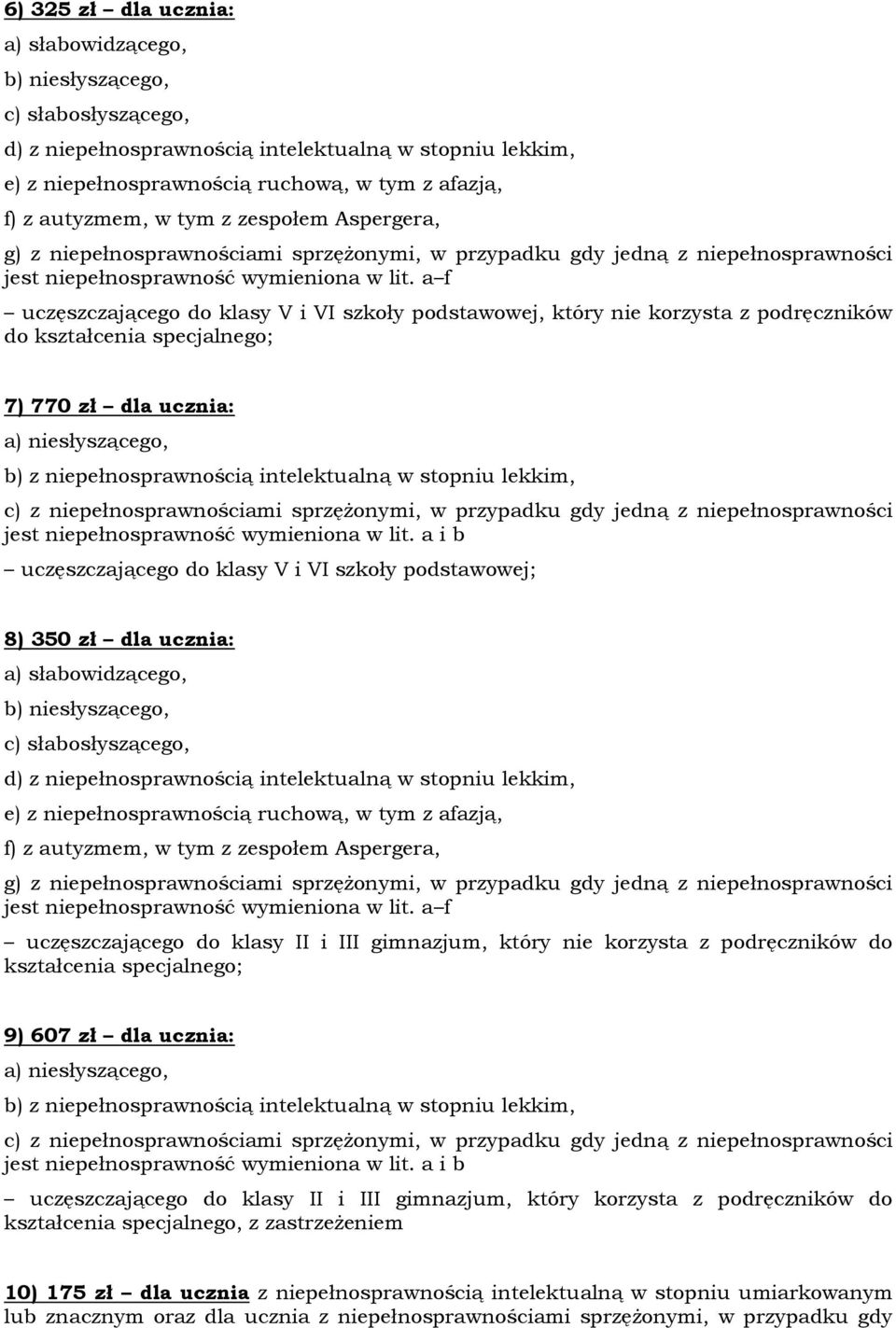 607 zł dla ucznia: jest niepełnosprawność wymieniona w lit.