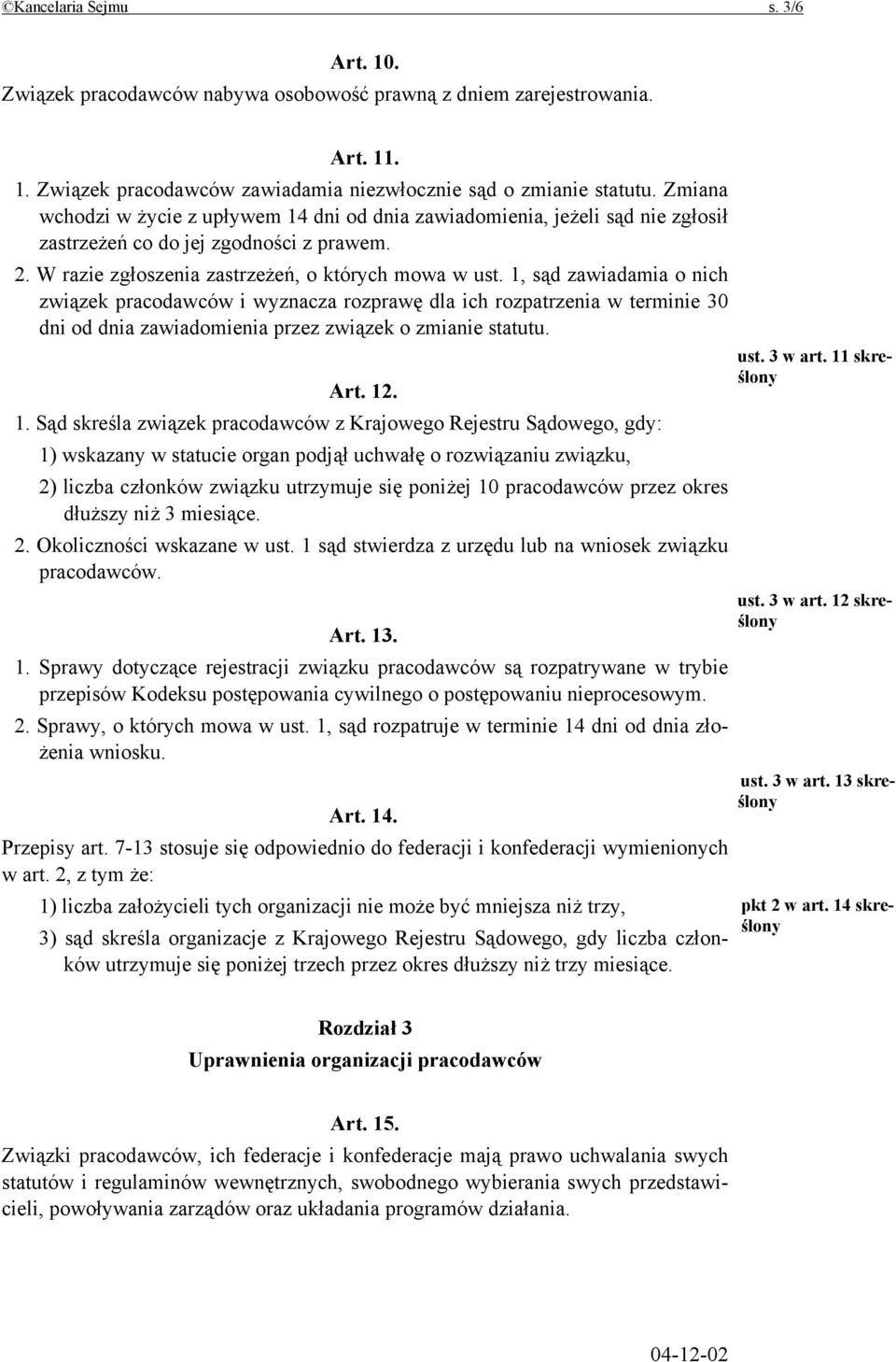 1, sąd zawiadamia o nich związek pracodawców i wyznacza rozprawę dla ich rozpatrzenia w terminie 30 dni od dnia zawiadomienia przez związek o zmianie statutu. Art. 12